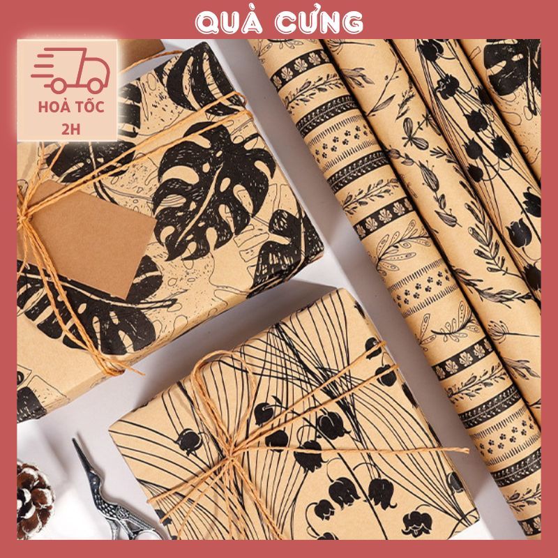 Giấy gói quà kraft vintage hoạ tiết lá Bắc Âu độc đáo, sang trọng