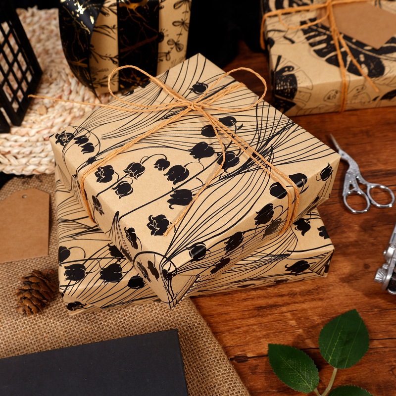 Giấy gói quà kraft vintage hoạ tiết lá Bắc Âu độc đáo, sang trọng