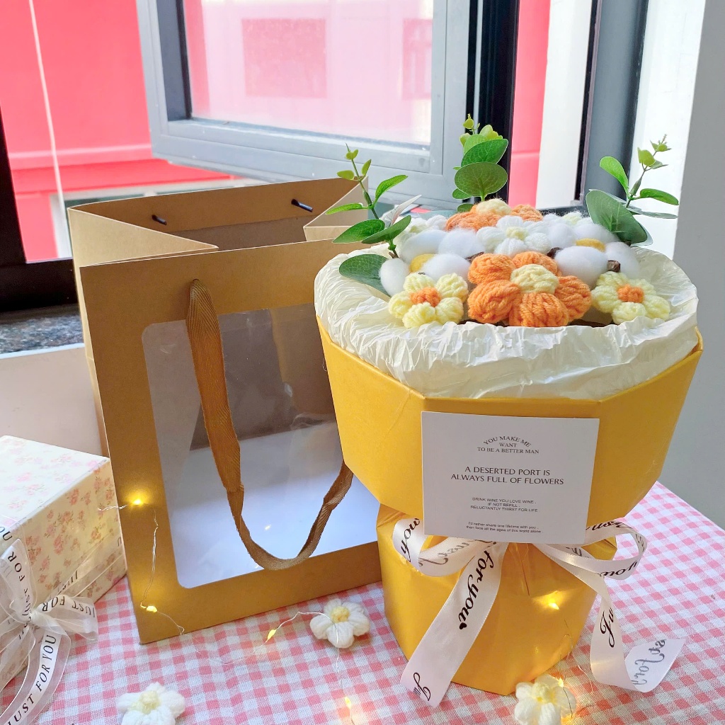 [HỎA TỐC] Quà tặng Bó hoa len Tròn dễ thương kèm Túi vuông đựng dành tặng bạn bè, người yêu