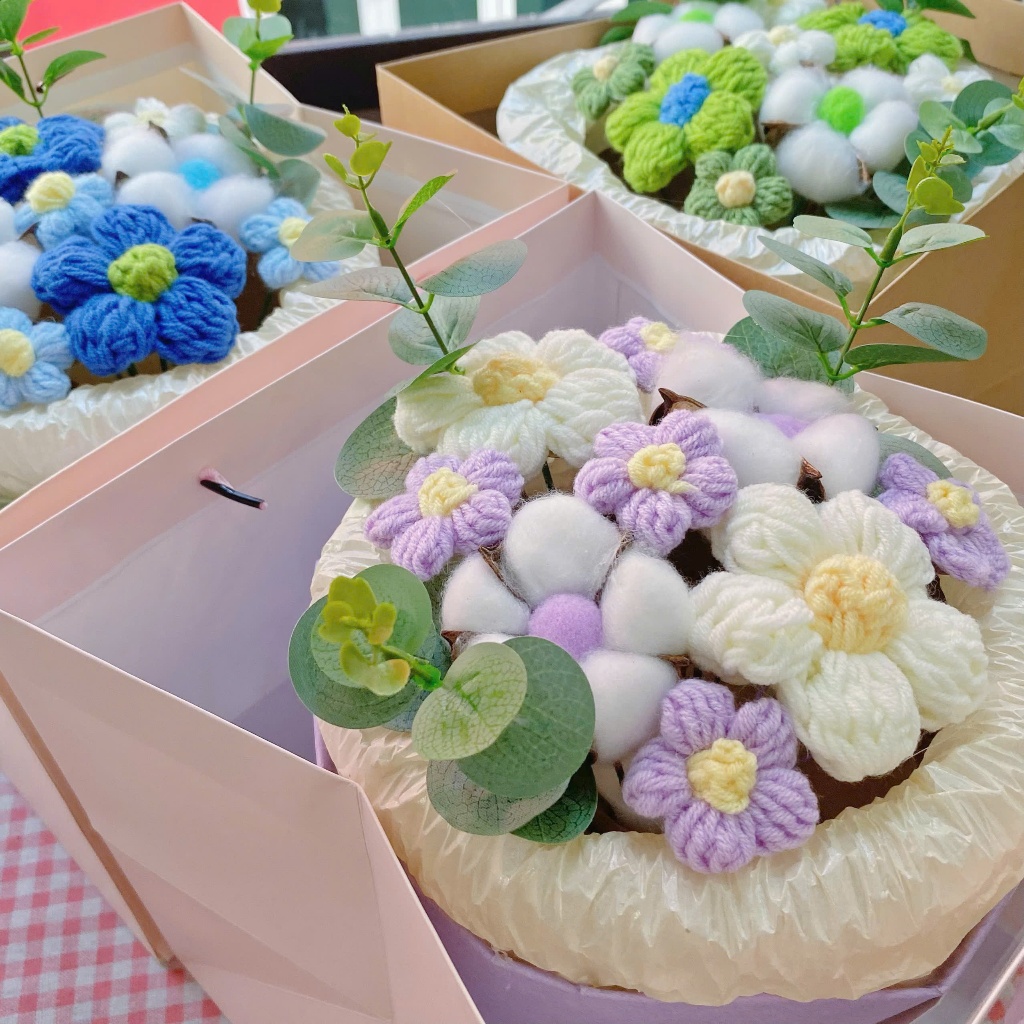 [HỎA TỐC] Quà tặng Bó hoa len Tròn dễ thương kèm Túi vuông đựng dành tặng bạn bè, người yêu