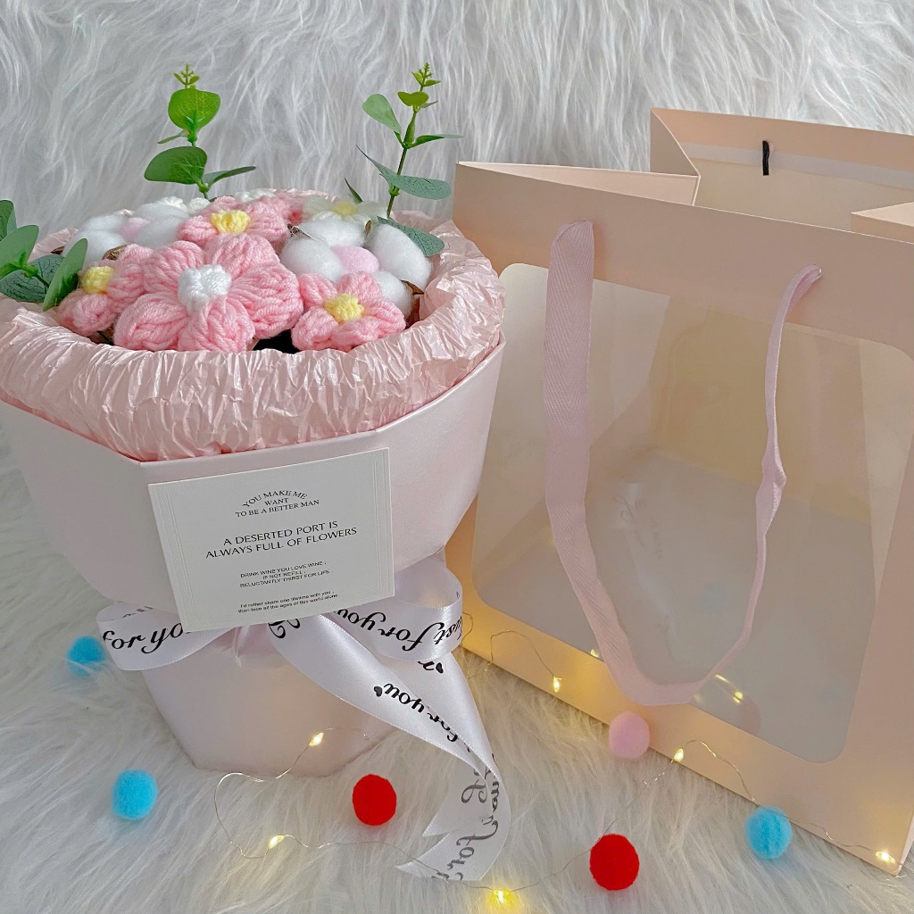 [HỎA TỐC] Quà tặng Bó hoa len Tròn dễ thương kèm Túi vuông đựng dành tặng bạn bè, người yêu