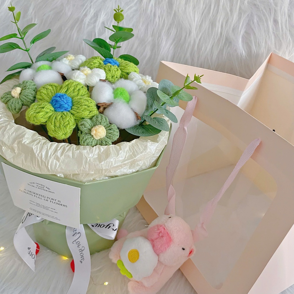 [HỎA TỐC] Quà tặng Bó hoa len Tròn dễ thương kèm Túi vuông đựng dành tặng bạn bè, người yêu