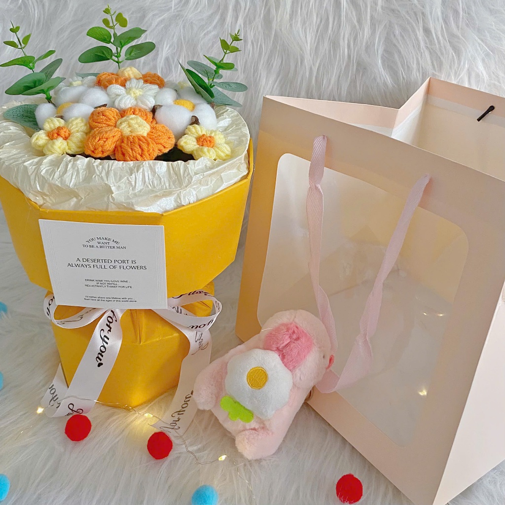 [HỎA TỐC] Quà tặng Bó hoa len Tròn dễ thương kèm Túi vuông đựng dành tặng bạn bè, người yêu