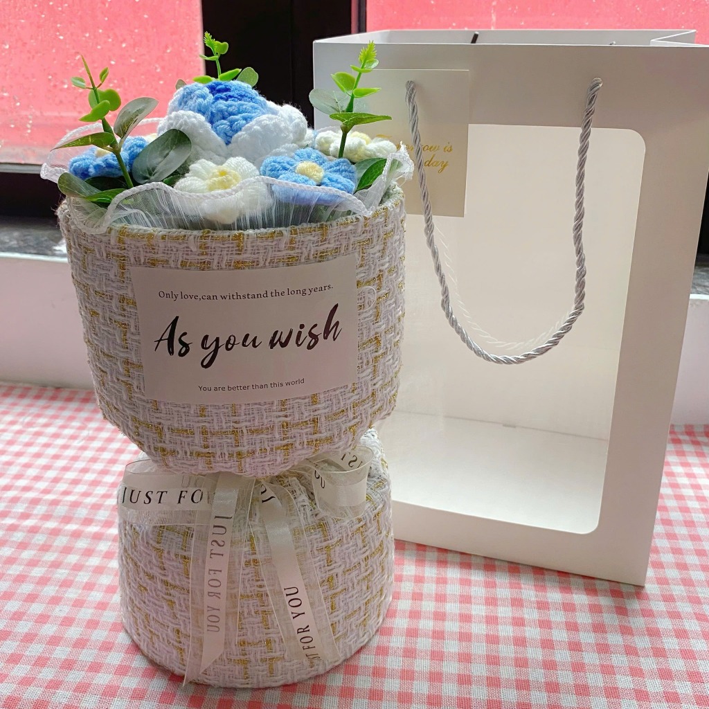 Quà tặng bó hoa len mini vải dạ Tweed kèm túi đựng và thiệp tặng sinh nhật, tặng người yêu