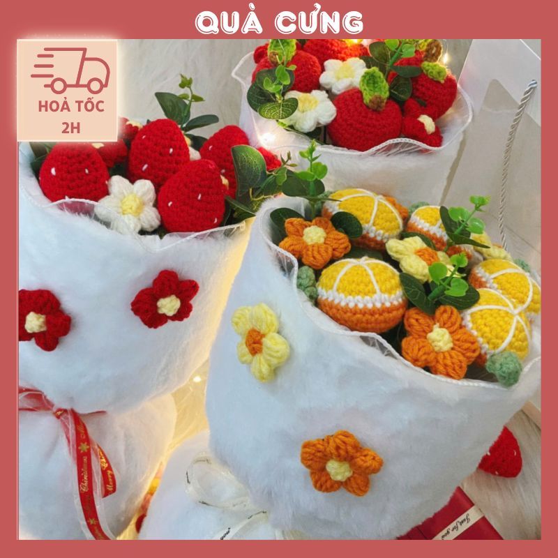 Bó hoa len bọc vải lông mịn hình quả Dâu, Cam, Táo dễ thương dành tặng bạn bè, người yêu