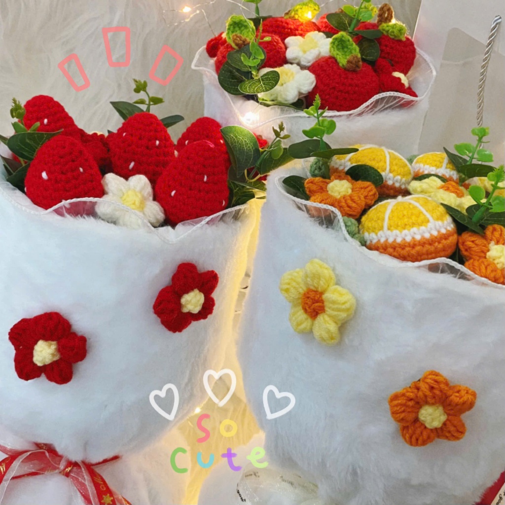 Bó hoa len bọc vải lông mịn hình quả Dâu, Cam, Táo dễ thương dành tặng bạn bè, người yêu