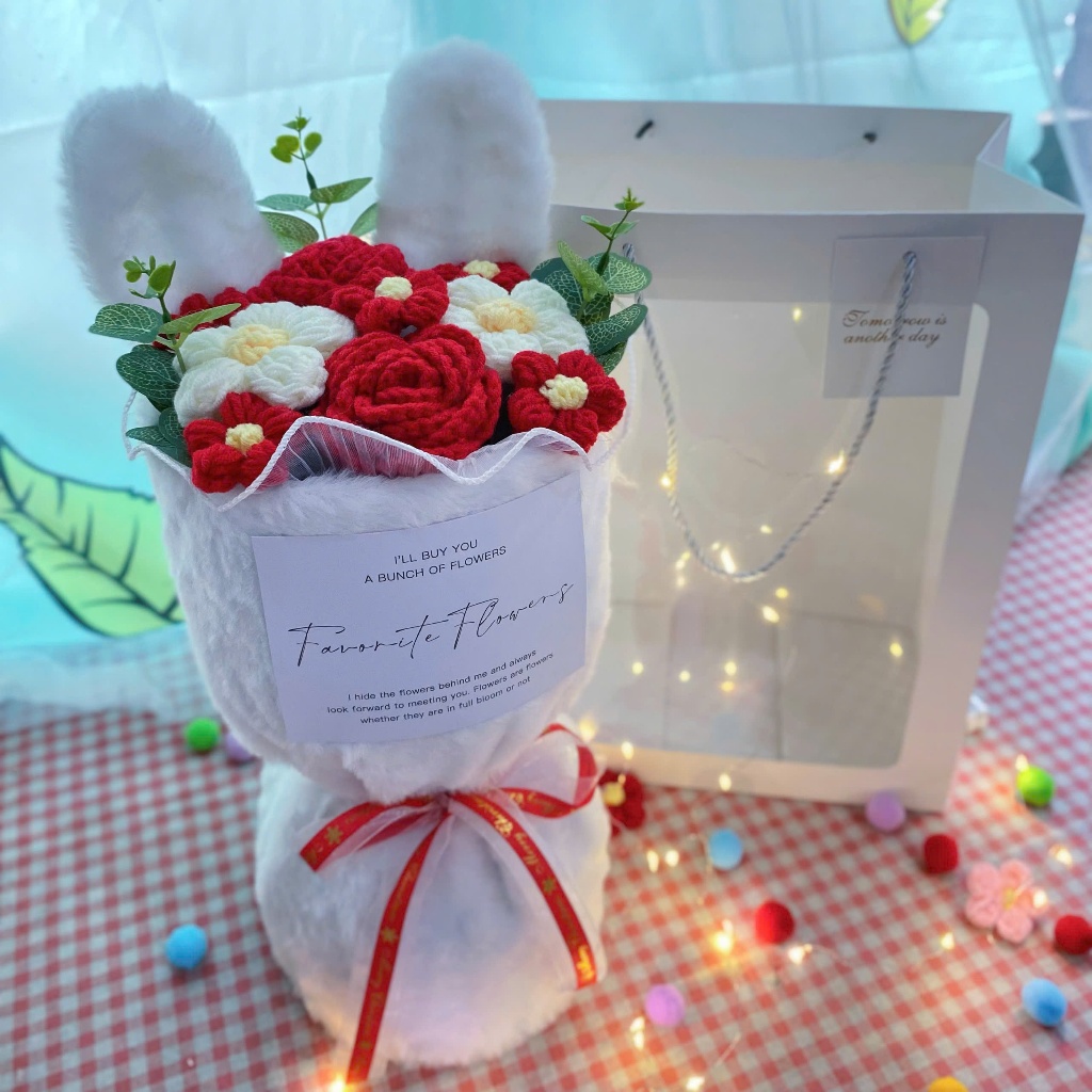 Quà tặng Bó hoa len tai thỏ kèm túi đựng và đèn nháy tặng sinh nhật, tặng người yêu
