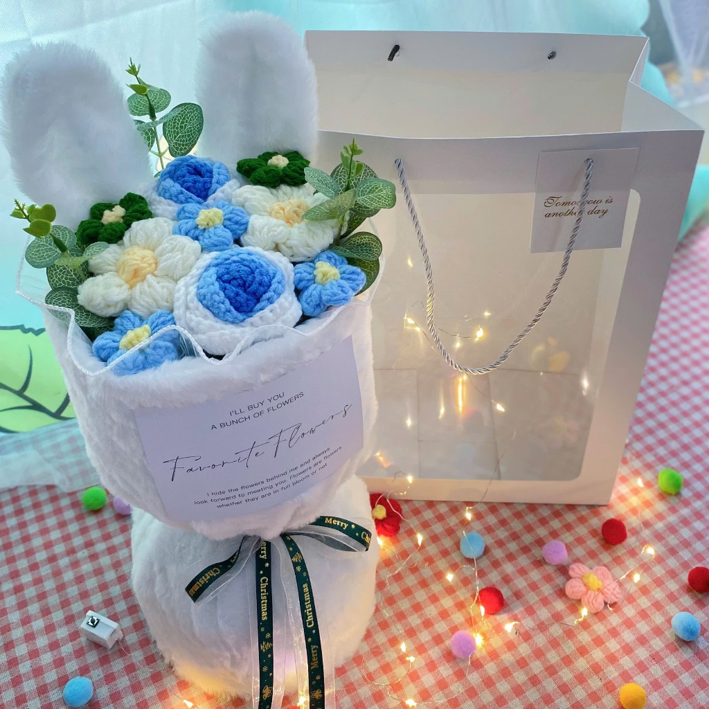 Quà tặng Bó hoa len tai thỏ kèm túi đựng và đèn nháy tặng sinh nhật, tặng người yêu