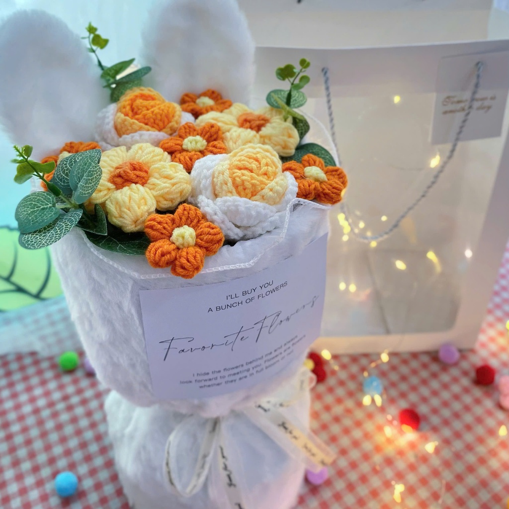 Quà tặng Bó hoa len tai thỏ kèm túi đựng và đèn nháy tặng sinh nhật, tặng người yêu