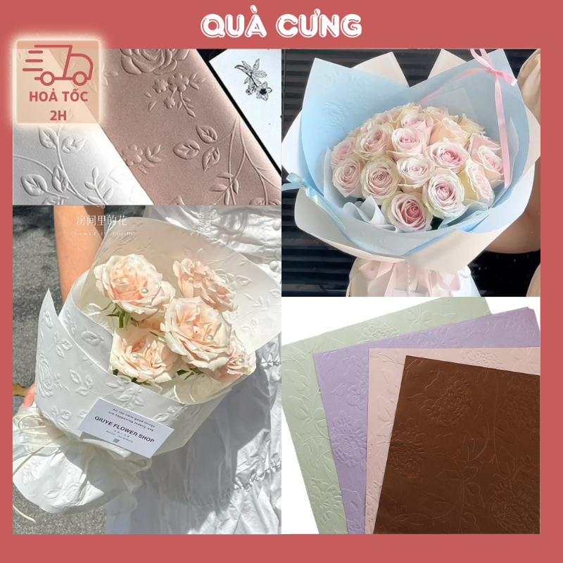 Giấy gói hoa, gói quà họa tiết hoa hồng in nổi dày dặn, xinh xắn