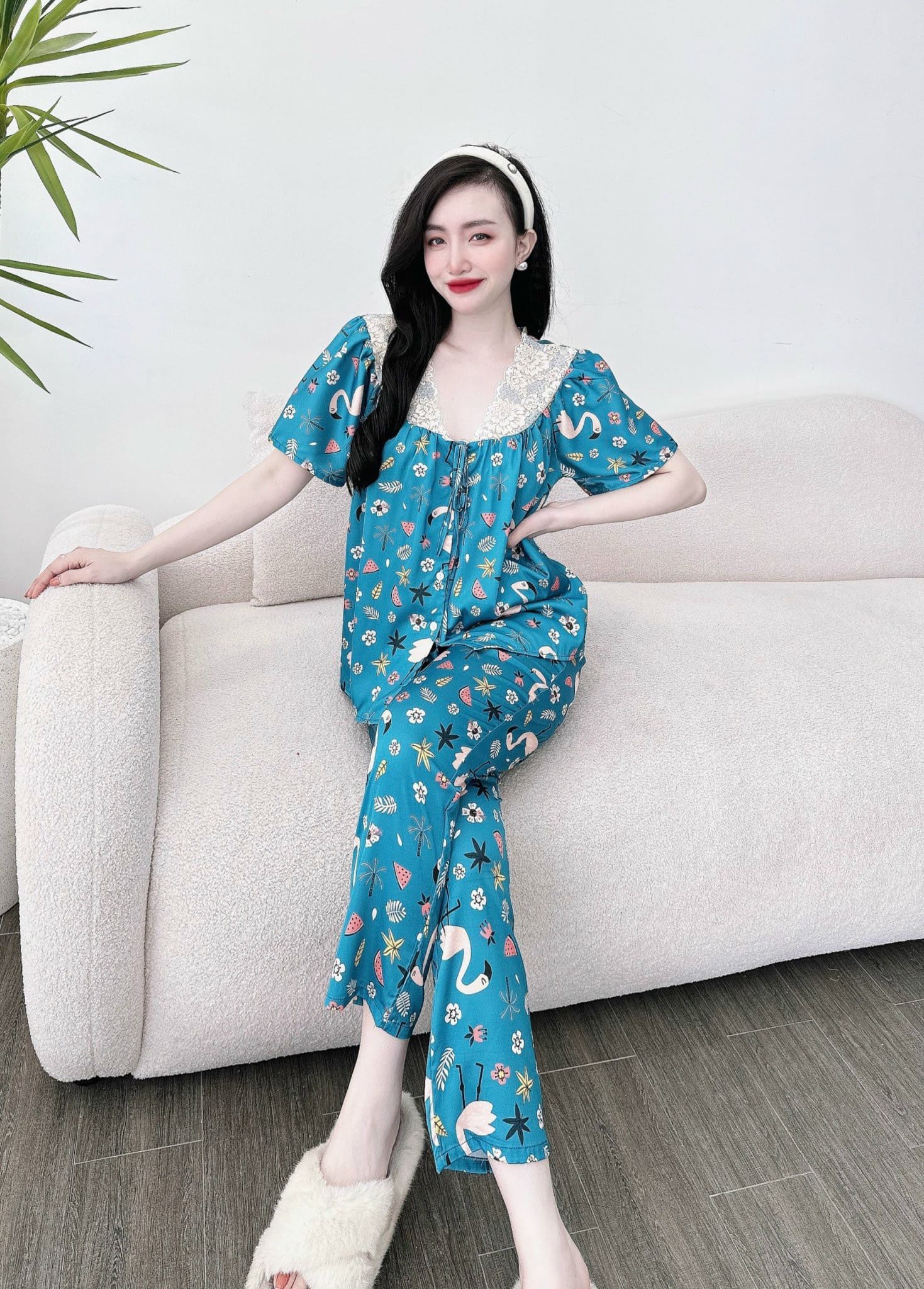 Bộ Lụa Dài Cổ ren in 5D Bigsize 50-95kg