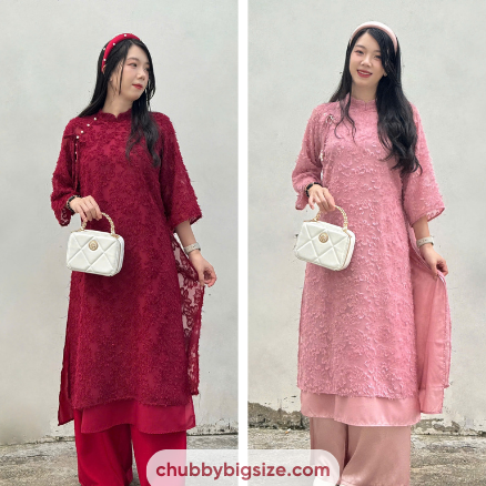 Chubby Áo dài cổ tàu tay lỡ, áo dài lông vũ phối quần lụa cổ nơ