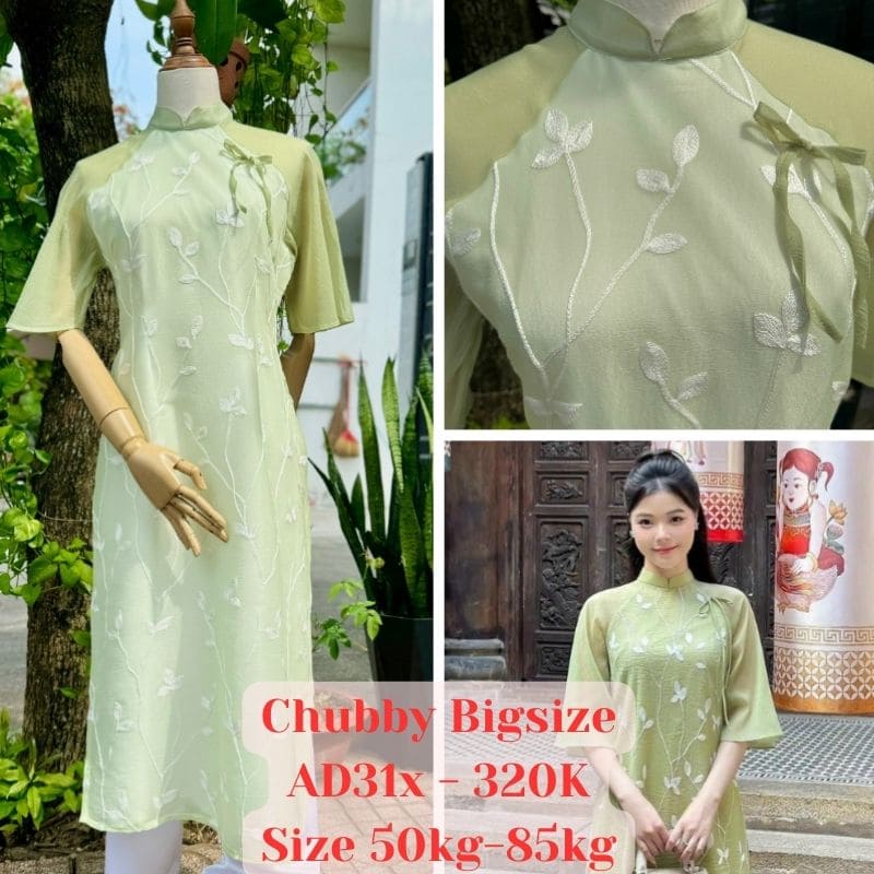 Áo Dài Cách Tân Nữ Tơ Thêu bigsize Màu Xanh