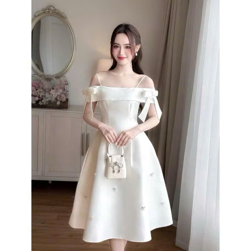 (60-120kg)Đầm Váy Dự Tiệc Dáng Dài, Đầm Tafta Trễ Vai Dính Nơ Tay Kèm Tag Đá Nơ