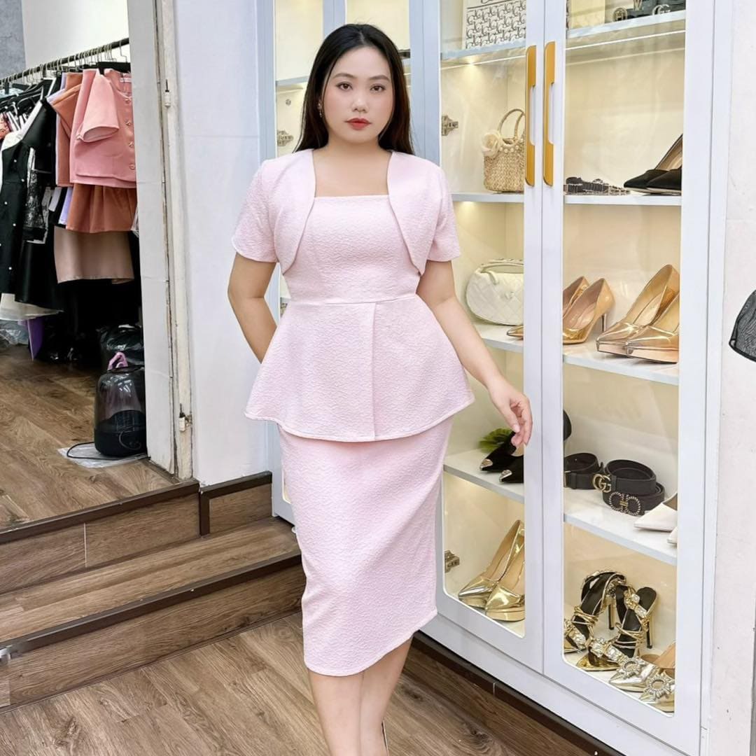 Đầm Gấm Peplum Thiết Kế Bigsize Dự Tiệc Cao Cấp Kèm Áo Khoác