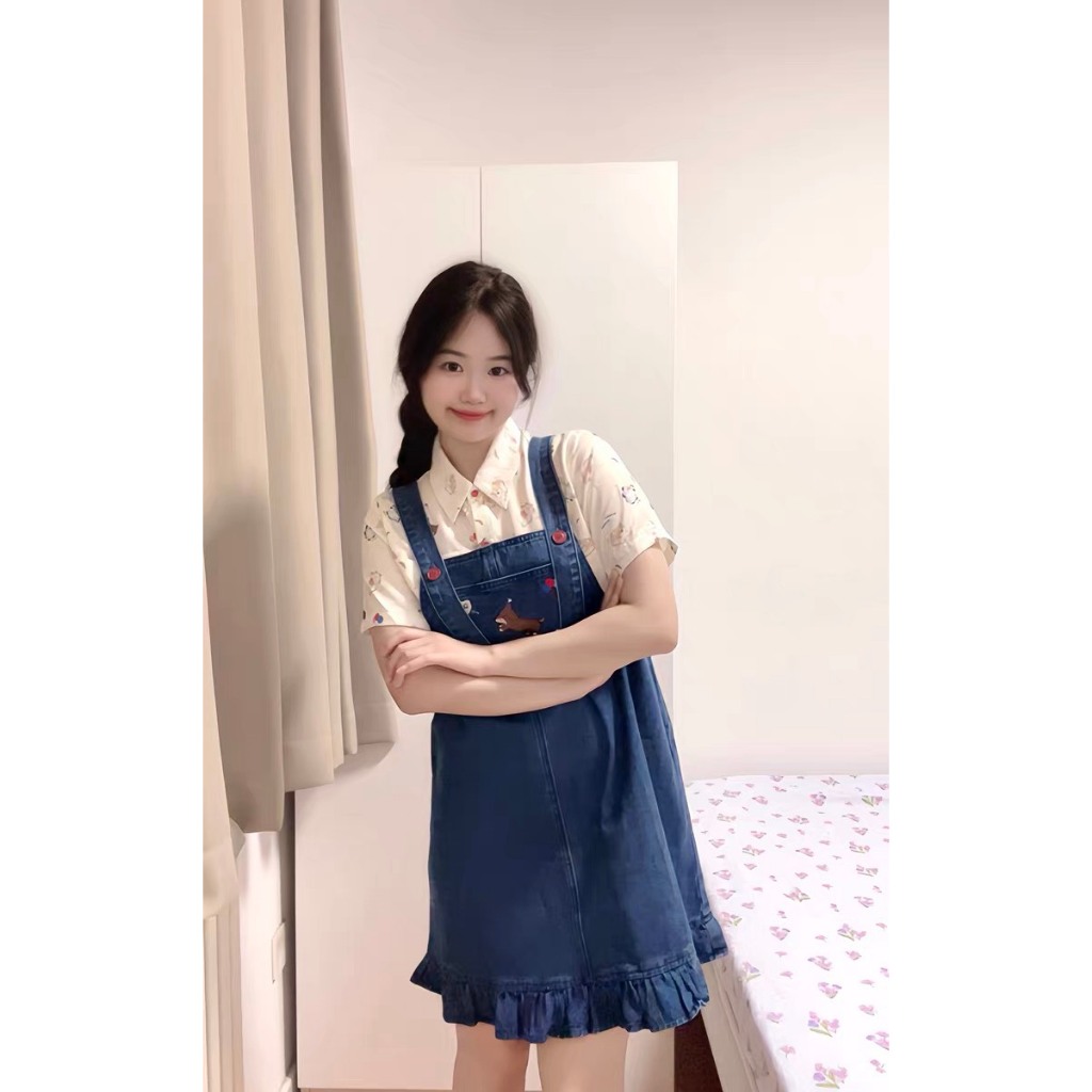 Yếm jean bigsize thêu bèo nhún dễ thương form rộng đủ size 60-85kg
