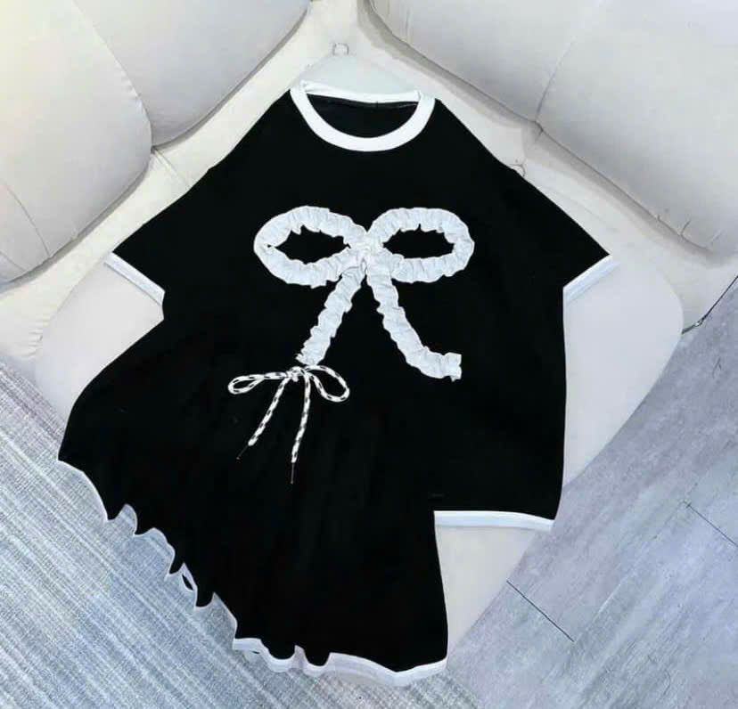 SÉT VÁY NỮ ,SÉT VÁY BIGSIZE XẾP LY THÊU NƠ CÓ QUẦN TRONG