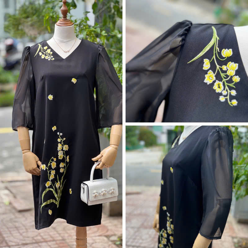 SALE Đầm Dự Tiệc Trung Niên Thiết Kế Bigsize Cổ TIM tay voan  Form Suông A Thêu HOA LAN Cao Cấp