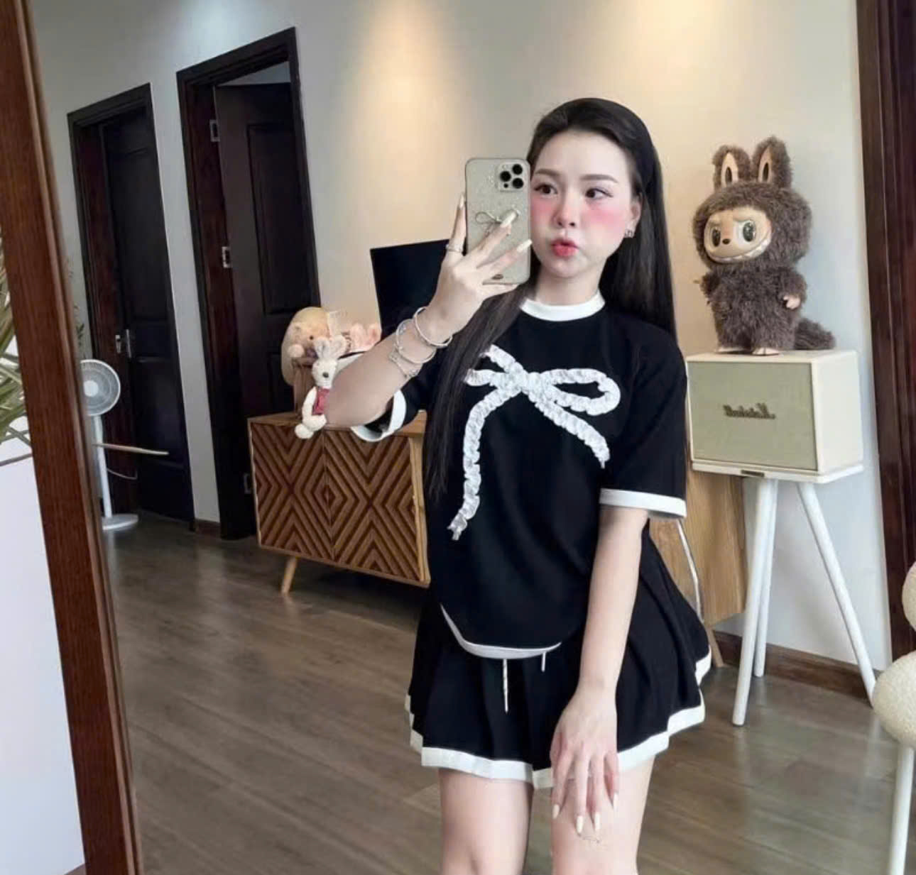 SÉT VÁY NỮ ,SÉT VÁY BIGSIZE XẾP LY THÊU NƠ CÓ QUẦN TRONG