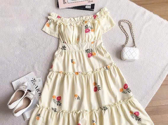 Đầm maxi trễ vai tiểu thư họa tiết hoa đầm midi hoa nhí bigsize từ 50 kg đến 90 kg