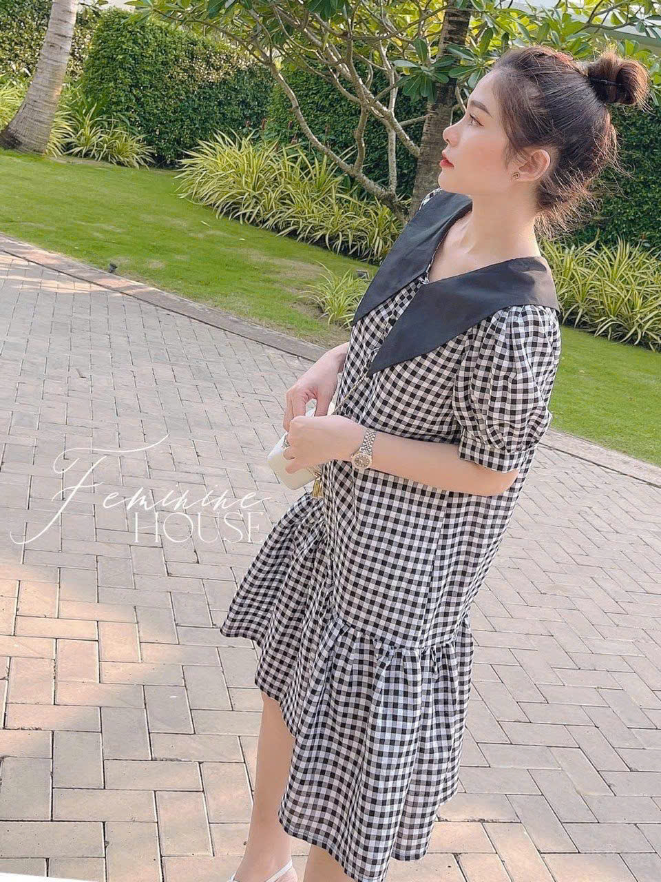 Váy Đầm dáng babydoll thiết kế cổ sơ mi,họa tiết caro xinh xắn