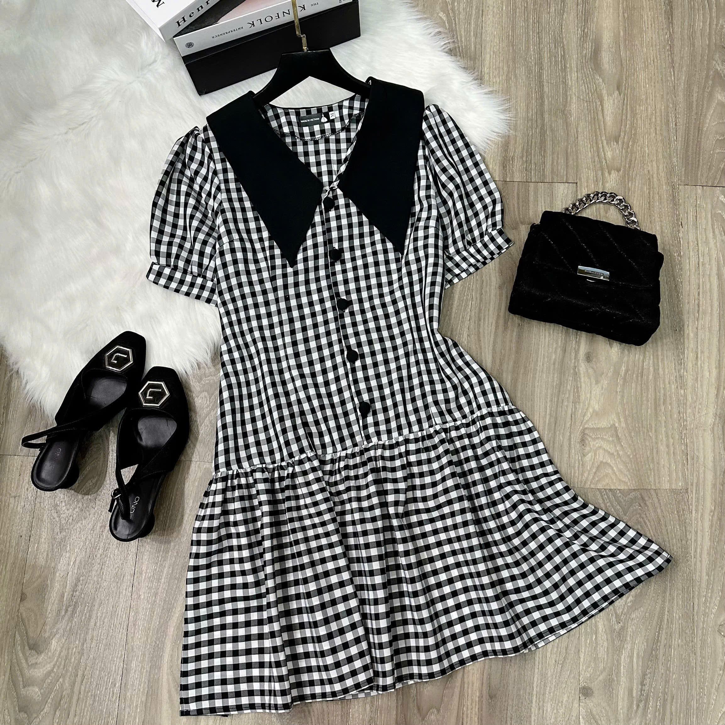 Váy Đầm dáng babydoll thiết kế cổ sơ mi,họa tiết caro xinh xắn
