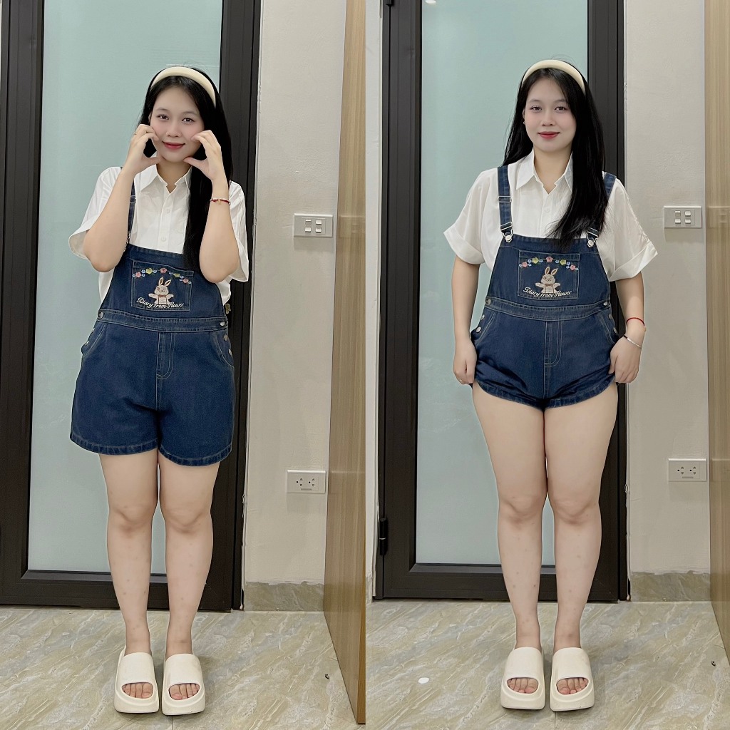 Quần yếm jean bigsize dáng ngắn thêu hình Thỏ hình dễ thương form rộng đủ size 60-85kg