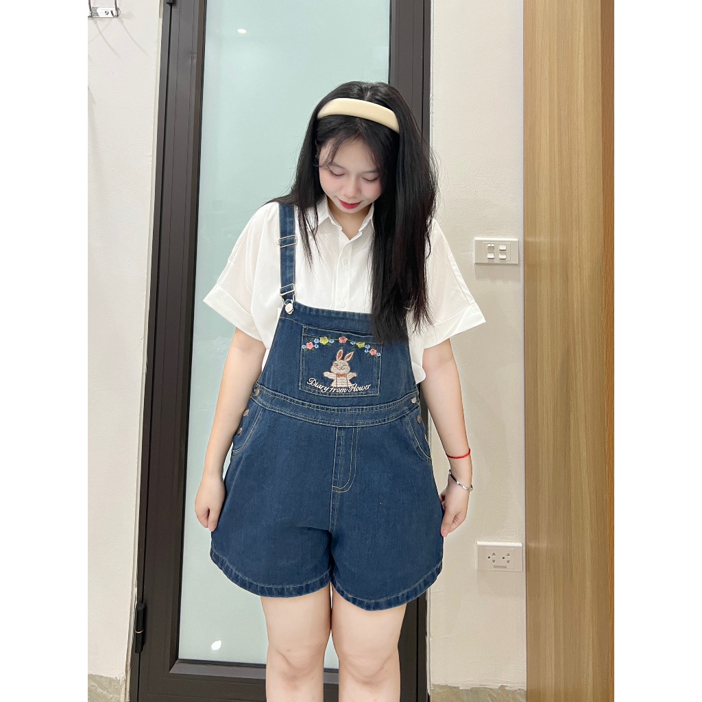 Quần yếm jean bigsize dáng ngắn thêu hình Thỏ hình dễ thương form rộng đủ size 60-85kg