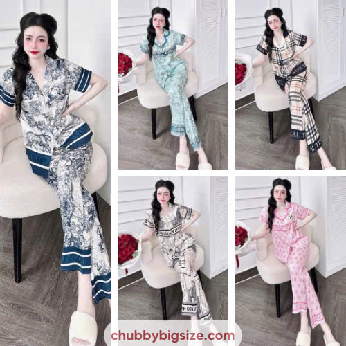 Bộ mặc nhà Pyjama chất lụa 5D áo cộc quần dài họa tiết BIGSIZE 95KG