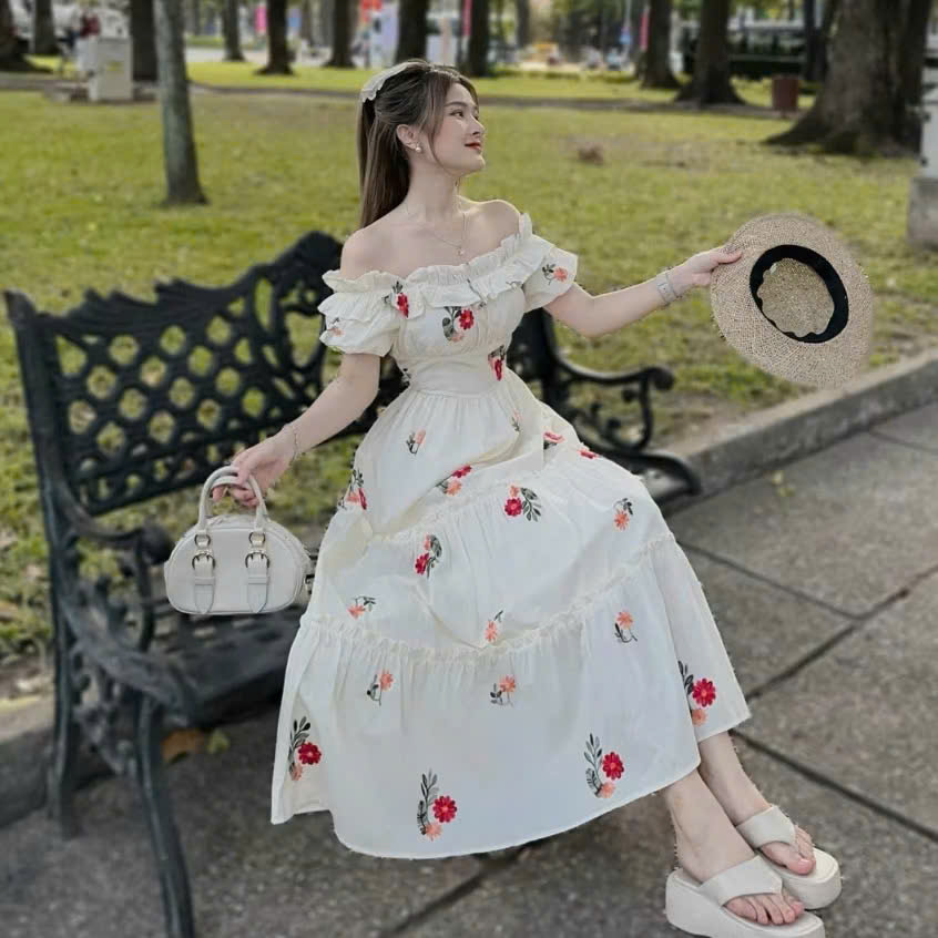 Đầm maxi trễ vai tiểu thư họa tiết hoa đầm midi hoa nhí bigsize từ 50 kg đến 90 kg