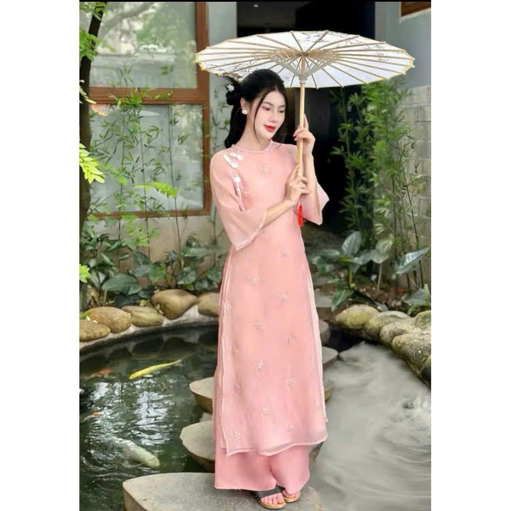 SET ÁO DÀI CÁCH TÂN THÊU HOA hồng TAY LỠ TUA RUA BIGSIZE 60-95KG