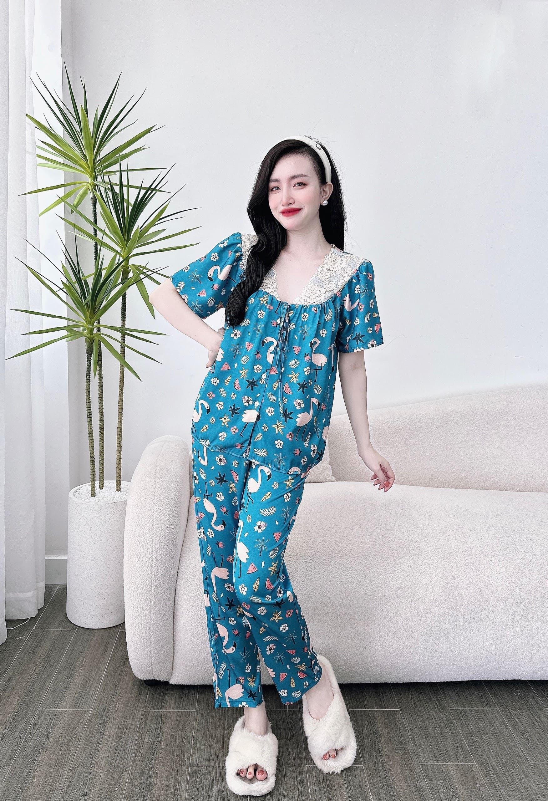 Bộ Lụa Dài Cổ ren in 5D Bigsize 50-95kg