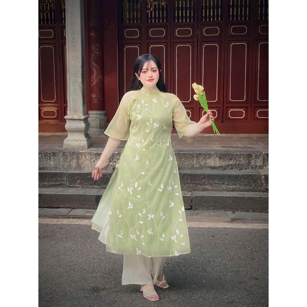 Áo Dài Cách Tân Nữ Tơ Thêu bigsize Màu Xanh