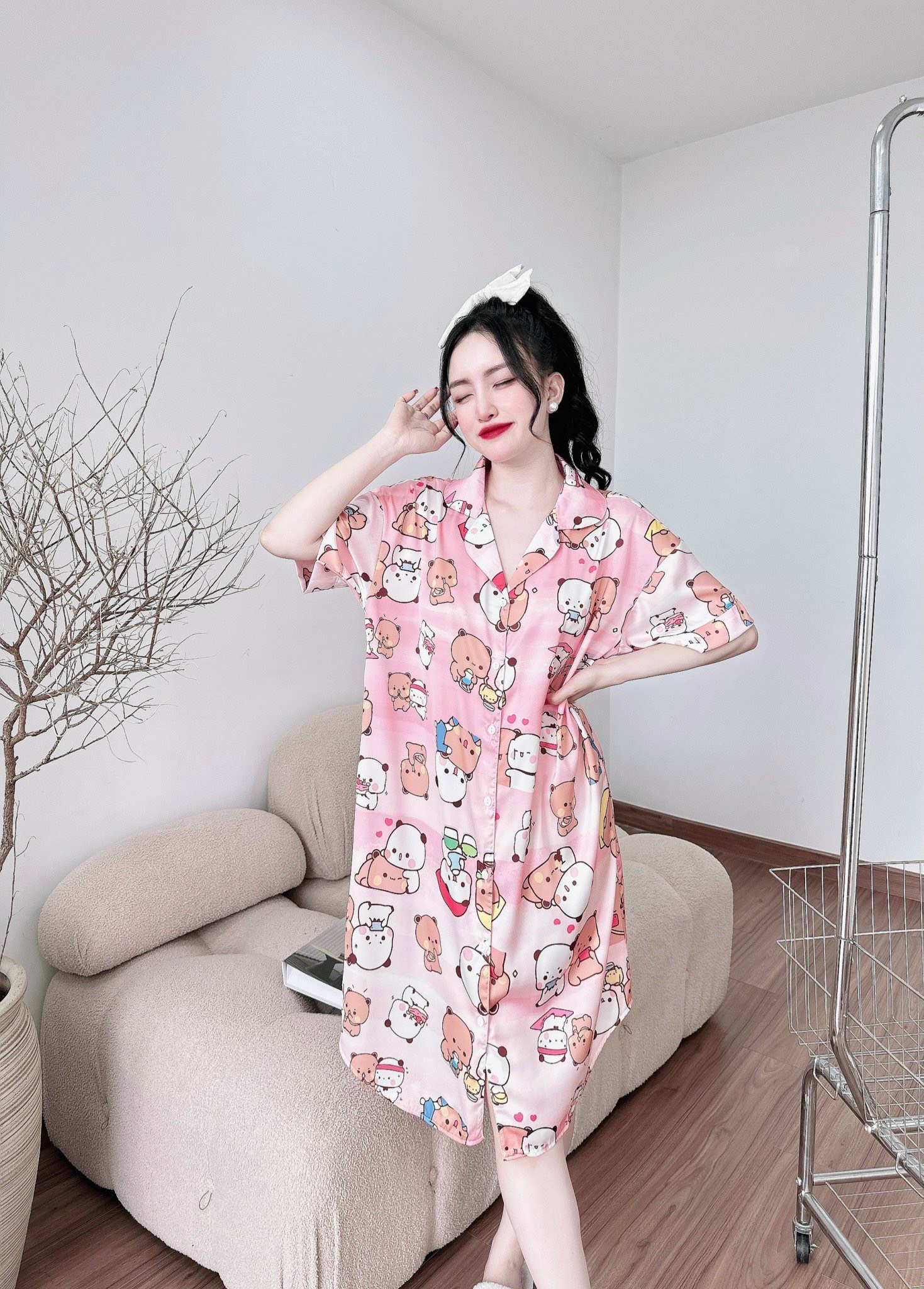 Đầm váy ngủ sơ mi lụa  dễ thương dáng rộng bigsize 50-95kg, váy ngủ lụa cute đầm bầu mặc nhà xinh giá rẻ