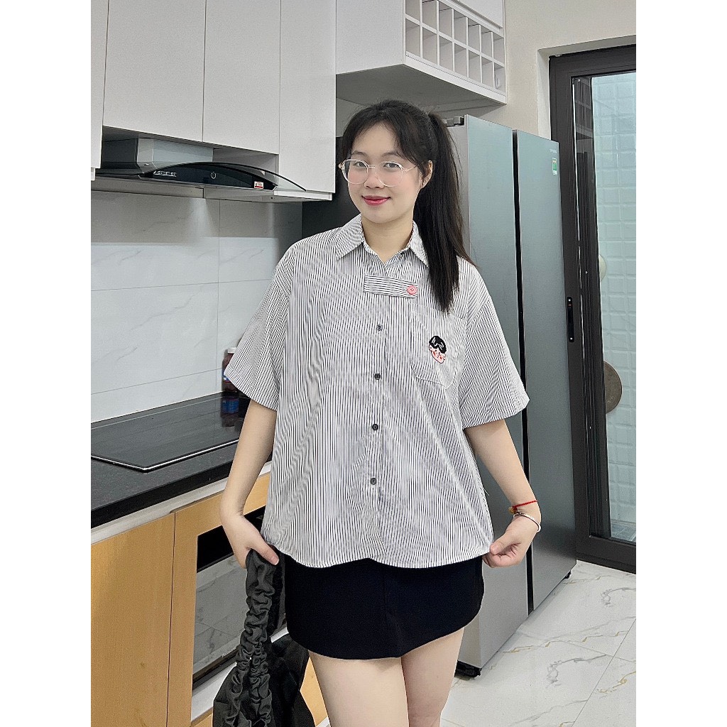 Áo sơ mi kẻ sọc Thêu hình dễ thương đủ size 60-100kg