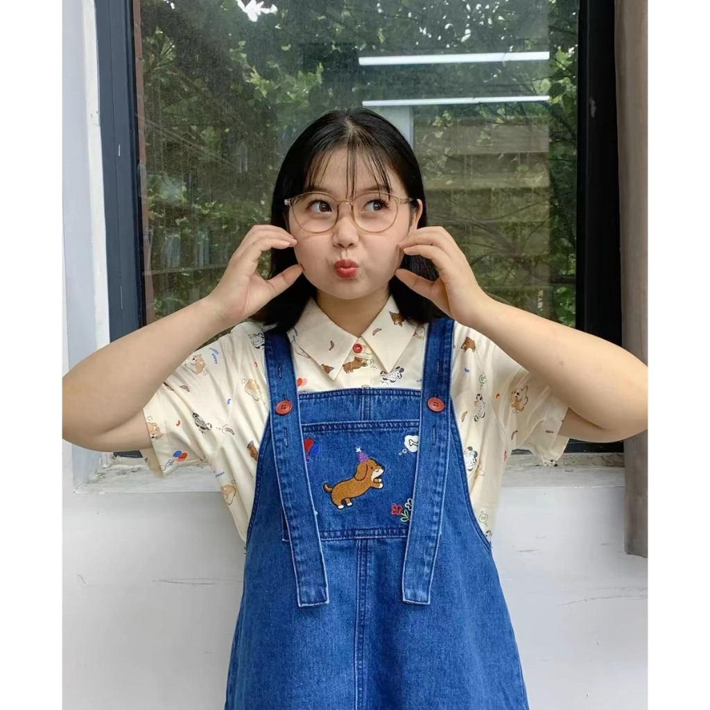 Yếm jean bigsize thêu bèo nhún dễ thương form rộng đủ size 60-85kg