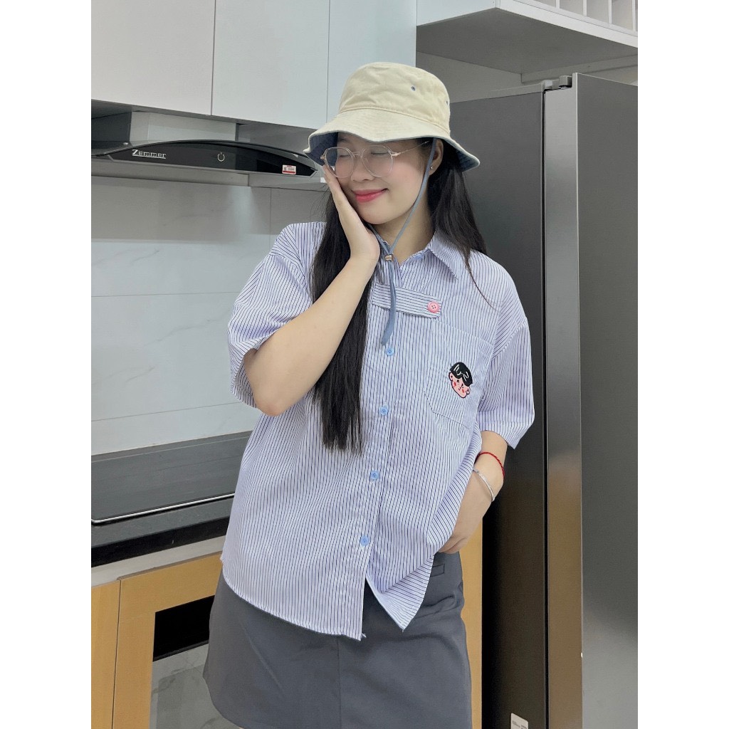 Áo sơ mi kẻ sọc Thêu hình dễ thương đủ size 60-100kg
