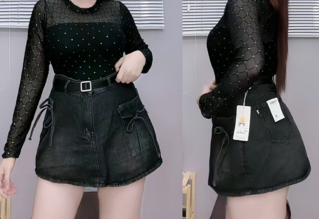 Chân váy jean bigsize ngắn dáng chữ A nữ màu xanh bụi basic cách điệu cột nơ xinh xắn có túi chéo - CV403