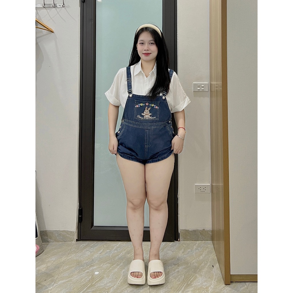 Quần yếm jean bigsize dáng ngắn thêu hình Thỏ hình dễ thương form rộng đủ size 60-85kg