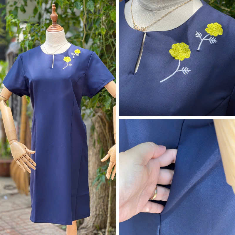 SALE Đầm Thiết Kế Trung Niên  Đầm Thêu Hoa Vàng  Kiểu dáng đơn giản, thêu hoa tinh tế - Đầm tặng mẹ BigSize