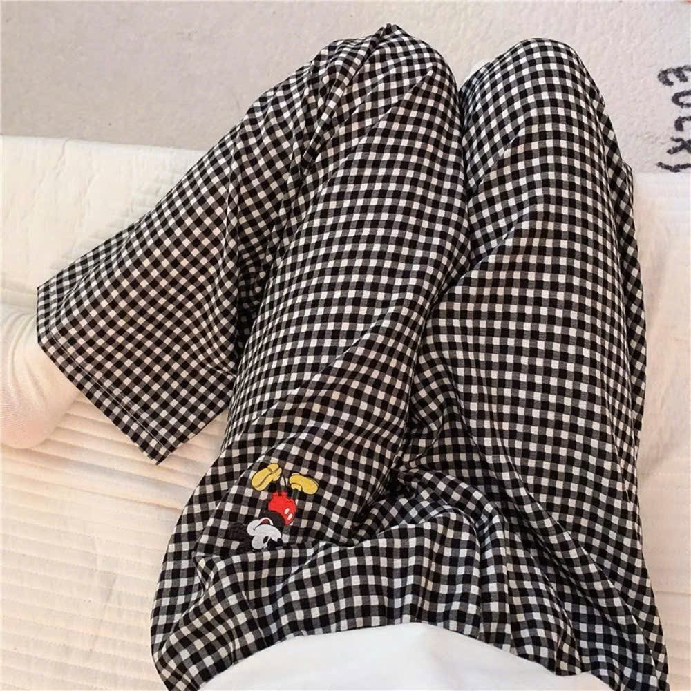 Quần xuông BIGSIZE ống rộng nữ mặc nhà hoạ tiết kẻ caro Mickey 2 màu