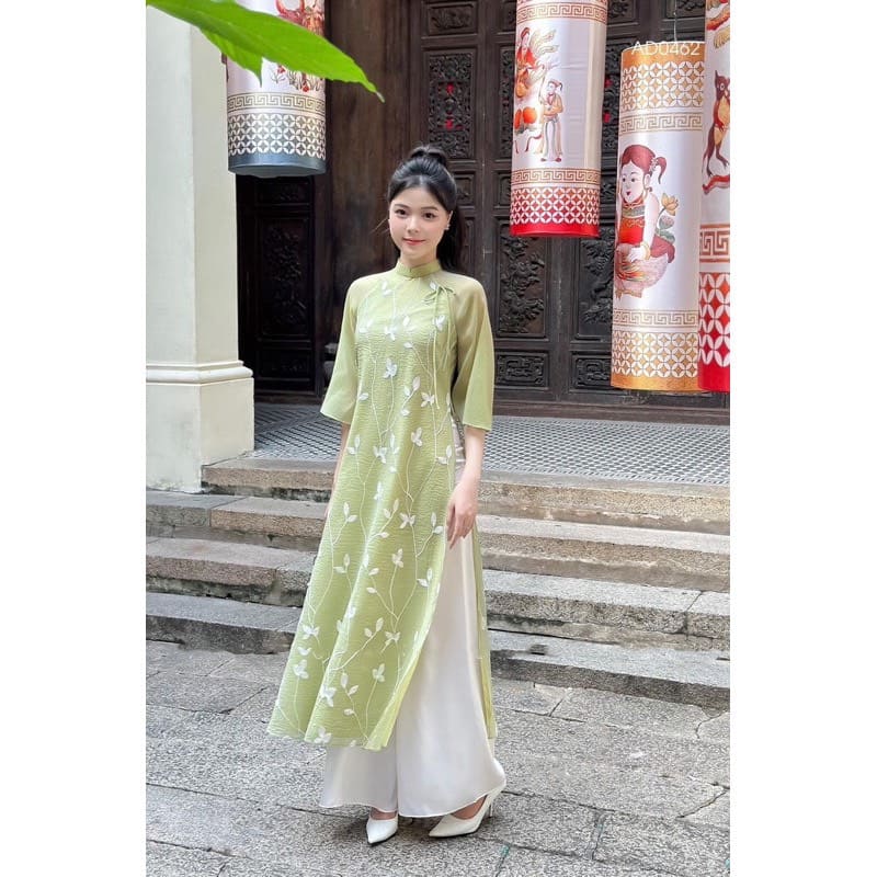 Áo Dài Cách Tân Nữ Tơ Thêu bigsize Màu Xanh