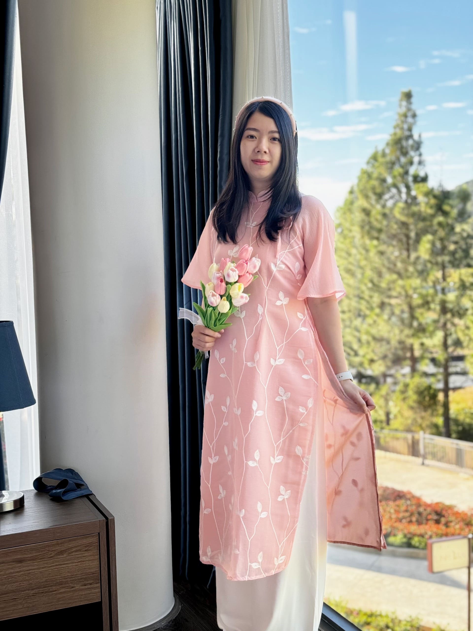 Áo Dài Cách Tân Nữ Tơ Thêu bigsize Màu Hồng