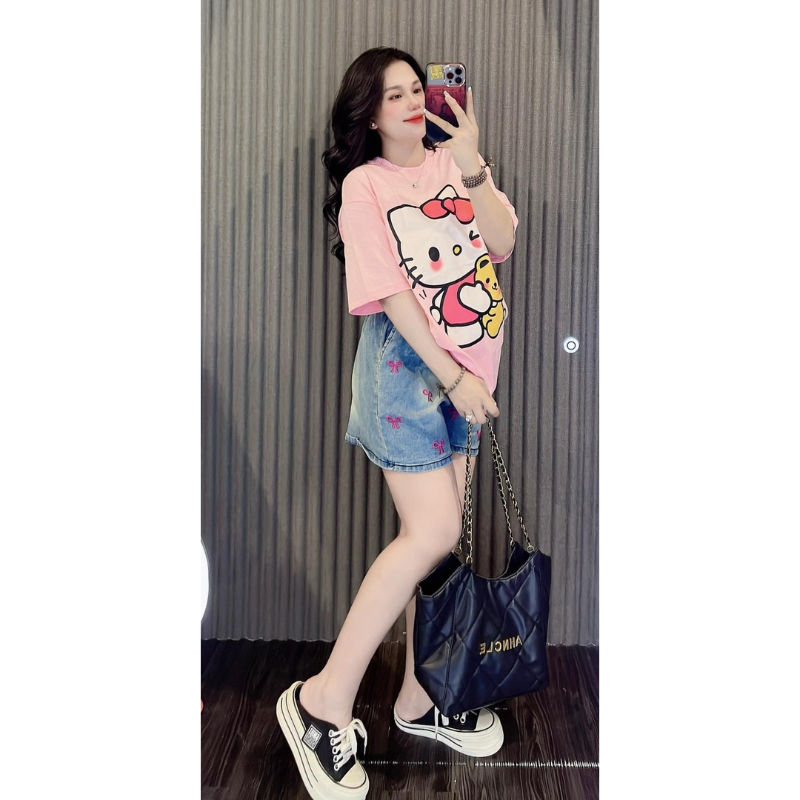 Set quần jean thêu nơ áo in hello kitty bigsize