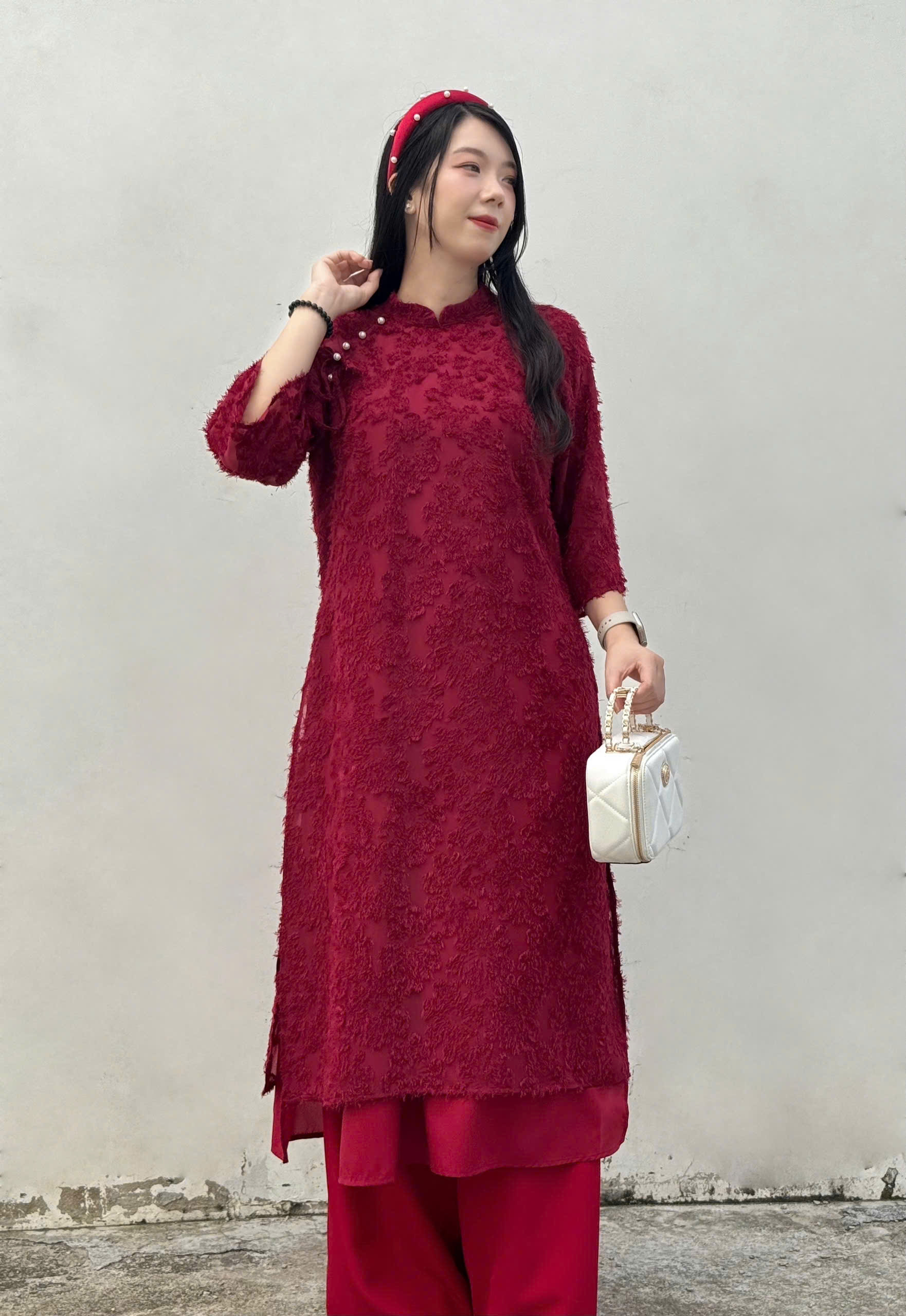 Bigsize Áo dài cổ tàu tay lỡ, áo dài lông vũ phối quần lụa cổ nơ kèm quần phù hợp đi chơi, đi dạo phố