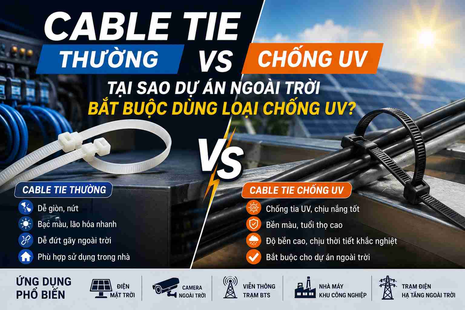 Cable Tie thường vs chống UV — Tại sao dự án ngoài trời bắt buộc dùng loại chống UV?