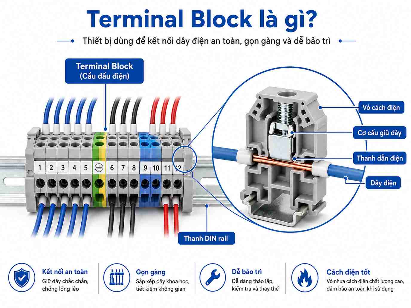 Terminal block là gì? Hướng dẫn chọn đúng loại cho tủ điện công nghiệp