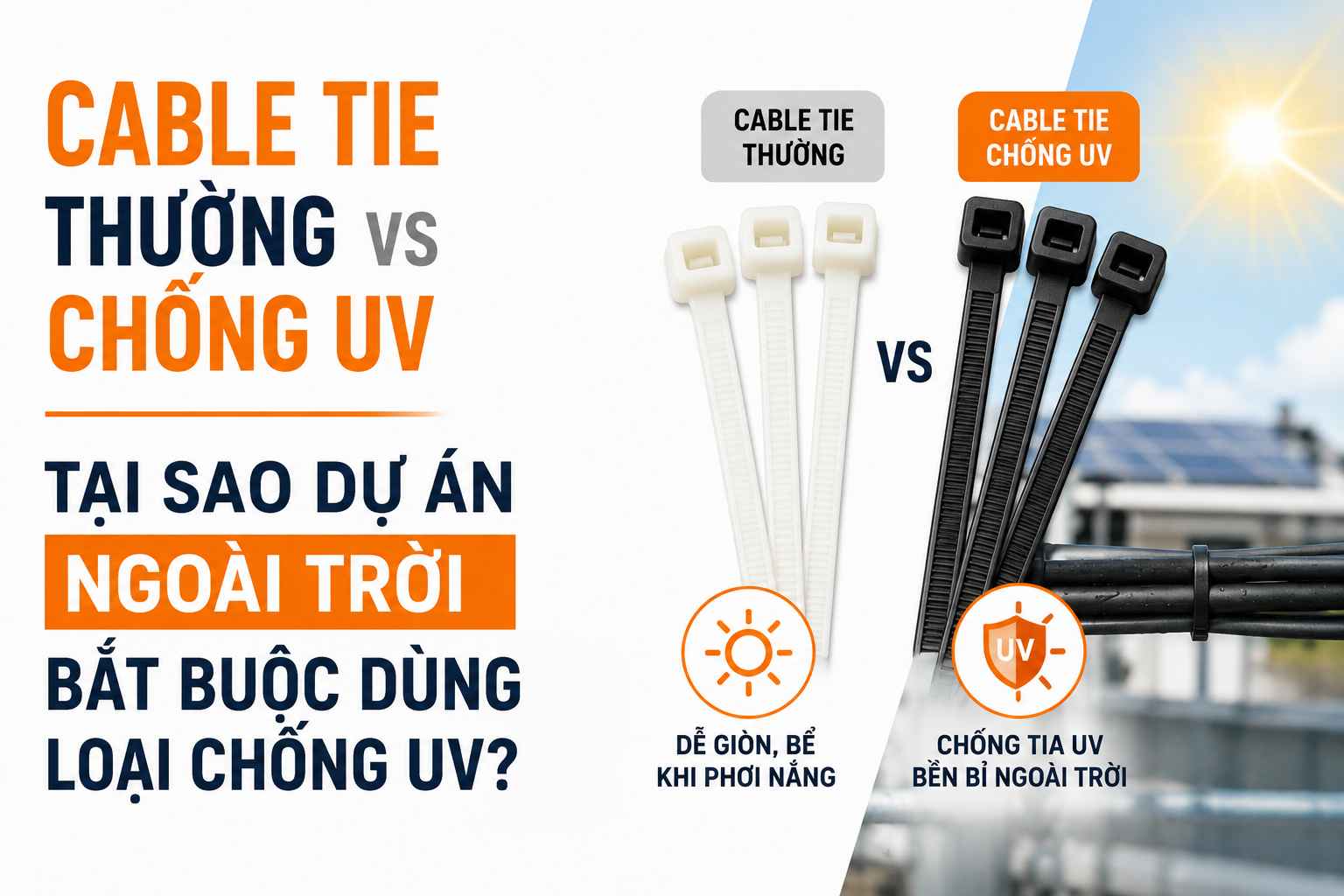Cable Tie thường vs chống UV — Tại sao dự án ngoài trời bắt buộc dùng loại chống UV?