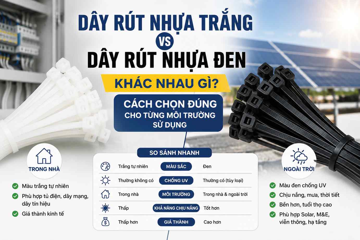 Dây rút nhựa trắng và dây rút nhựa đen khác nhau gì? Cách chọn đúng cho từng môi trường sử dụng