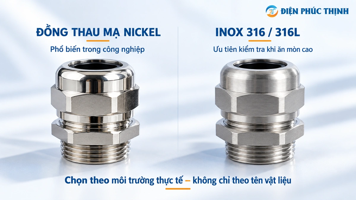 So sánh Cable Gland đồng thau mạ Nickel và Inox 316